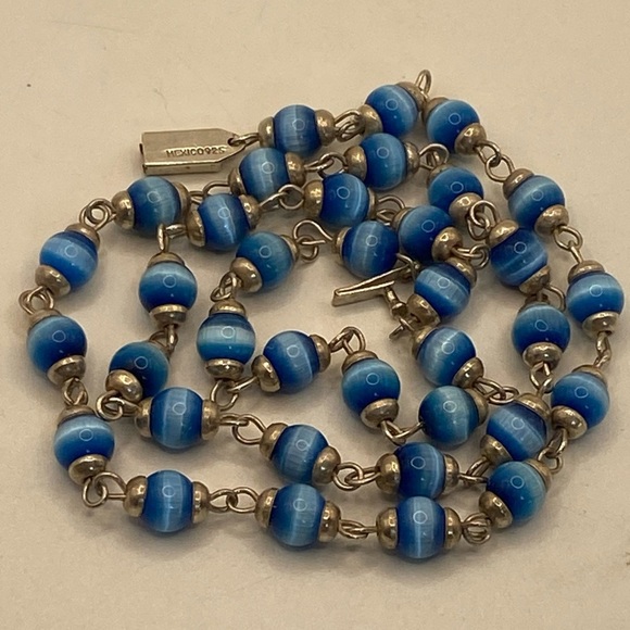 MEXICANA Jewelry - Necklace .925 Sterling Silver Mexico Blue Cat Eye Beads 24”/47.6 grams